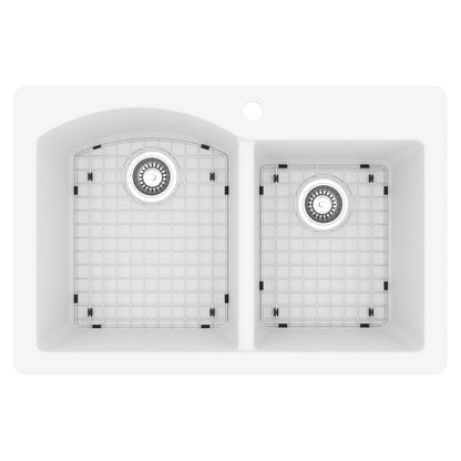 33" Top Mount Double Offset Bowl Quartz Composite Kitchen Sink Kit In White