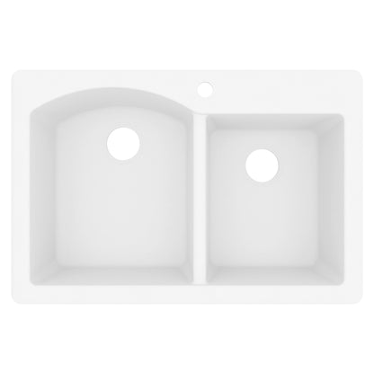 33" Top Mount Double Offset Bowl Quartz Composite Kitchen Sink In White