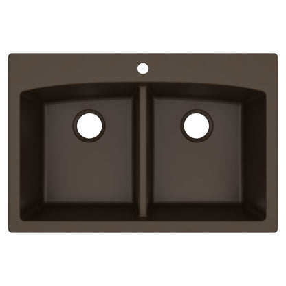 33" Top Mount Double Equal Bowl Quartz Composite Kitchen Sink In Brown