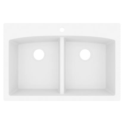33" Top Mount Double Equal Bowl Quartz Composite Kitchen Sink In White
