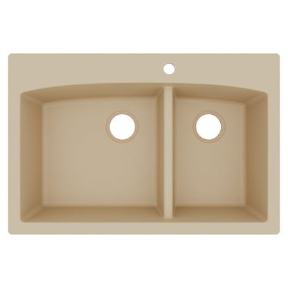 33" Top Mount Double Offset Bowl Quartz Composite Kitchen Sink In Bisque