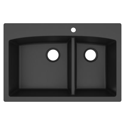 33" Top Mount Double Offset Bowl Quartz Composite Kitchen Sink In Black