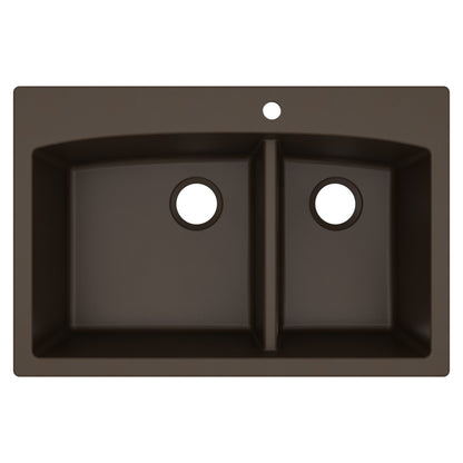 33" Top Mount Double Offset Bowl Quartz Composite Kitchen Sink In Brown
