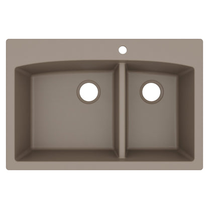33" Top Mount Double Offset Bowl Quartz Composite Kitchen Sink In Concrete