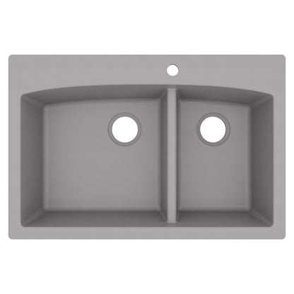 33" Top Mount Double Offset Bowl Quartz Composite Kitchen Sink In Grey