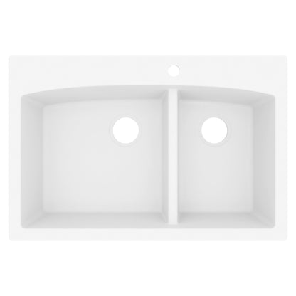 33" Top Mount Double Offset Bowl Quartz Composite Kitchen Sink In White