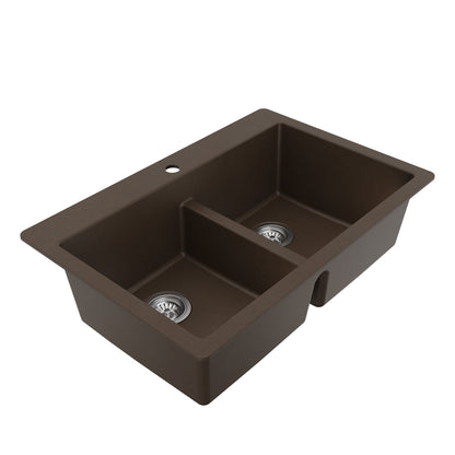 33" Top Mount Double Equal Bowl Quartz Composite Kitchen Sink Kit In Brown