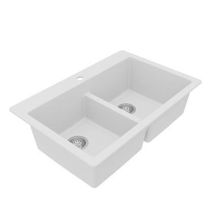 33" Top Mount Double Equal Bowl Quartz Composite Kitchen Sink Kit In White