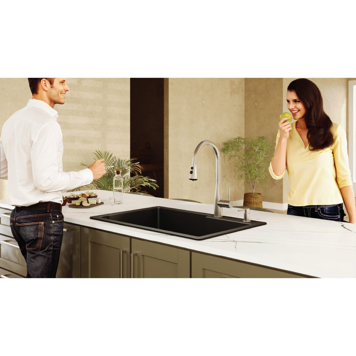 33" Top Mount Double Offset Bowl Quartz Composite Kitchen Sink Kit In Black