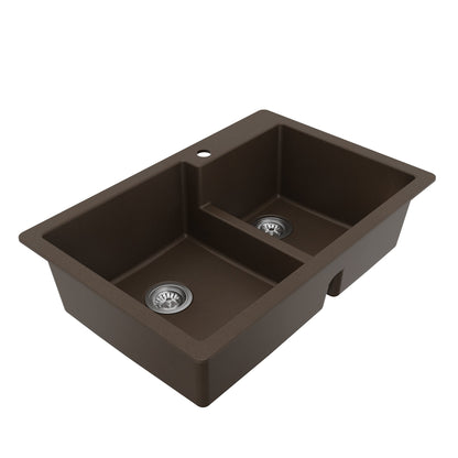 33" Top Mount Double Offset Bowl Quartz Composite Kitchen Sink Kit In Brown
