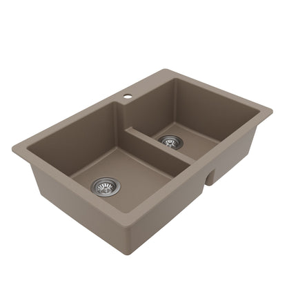 33" Top Mount Double Offset Bowl Quartz Composite Kitchen Sink Kit In Concrete