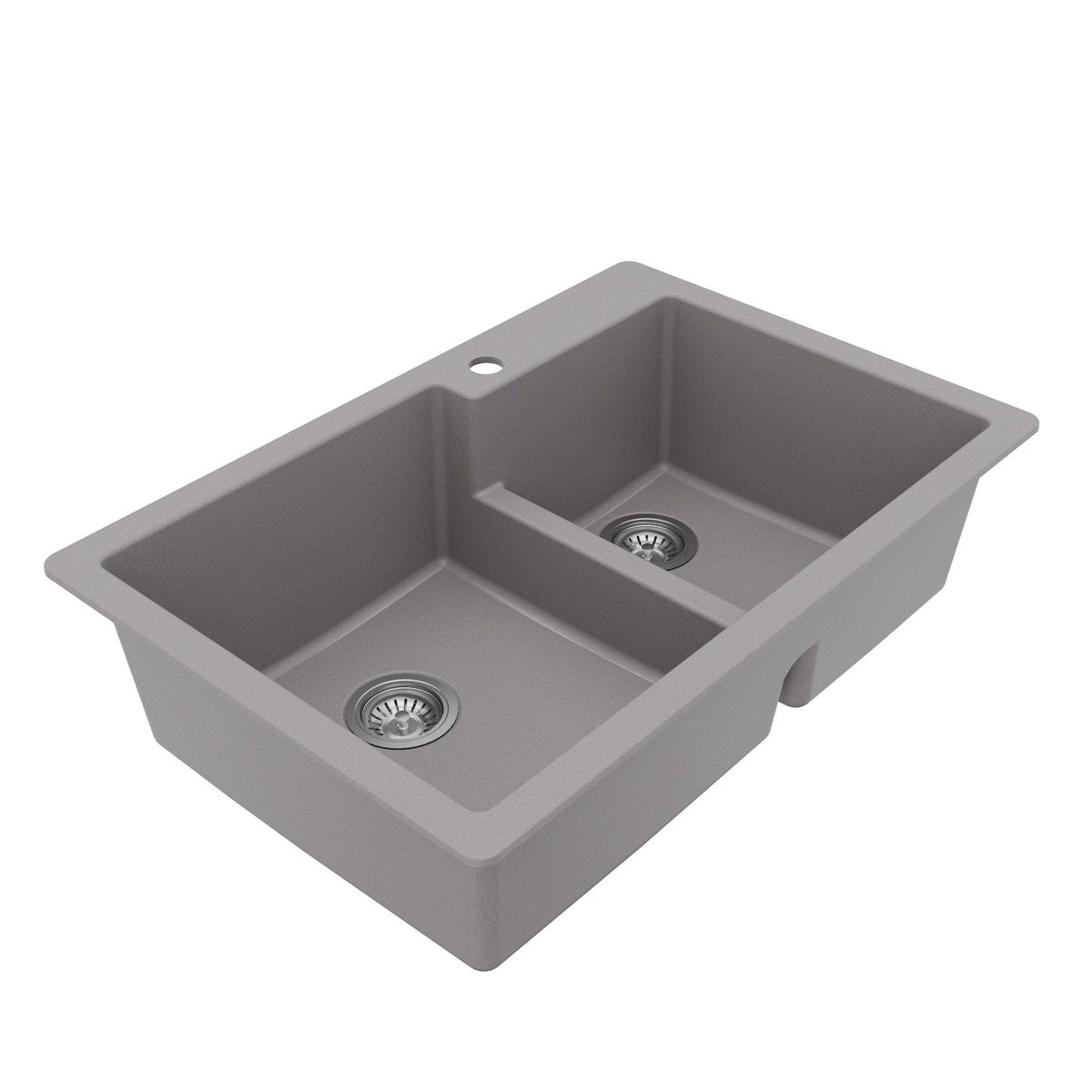 33" Top Mount Double Offset Bowl Quartz Composite Kitchen Sink Kit In Grey