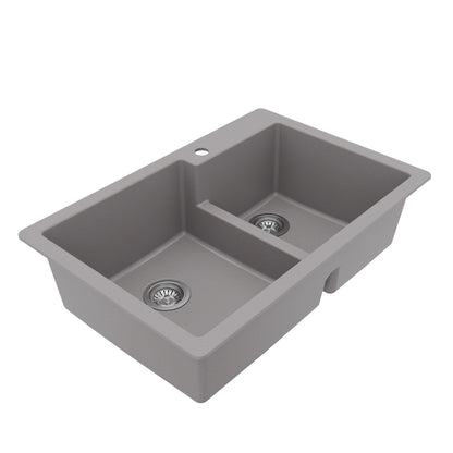 33" Top Mount Double Offset Bowl Quartz Composite Kitchen Sink Kit In Grey