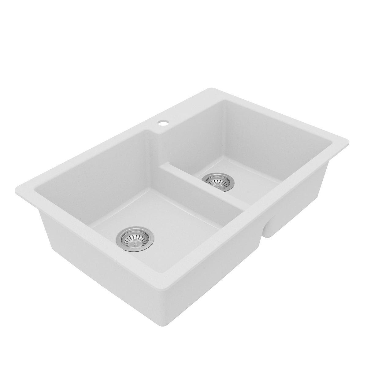 33" Top Mount Double Offset Bowl Quartz Composite Kitchen Sink Kit In White
