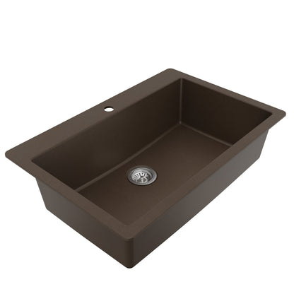 33" Top Mount Large Single Bowl Quartz Composite Kitchen Sink Kit In Brown