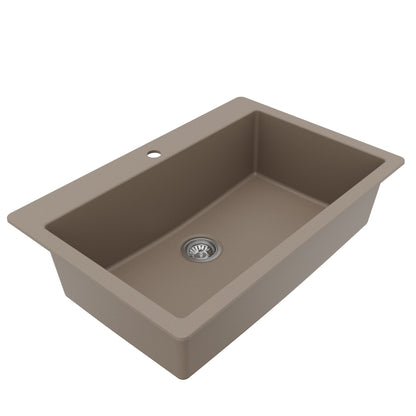 33" Top Mount Large Single Bowl Quartz Composite Kitchen Sink Kit In Concrete
