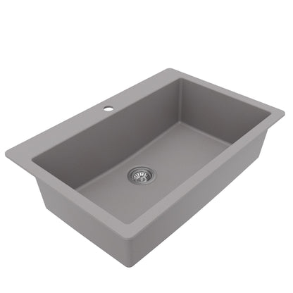 33" Top Mount Large Single Bowl Quartz Composite Kitchen Sink Kit In Grey