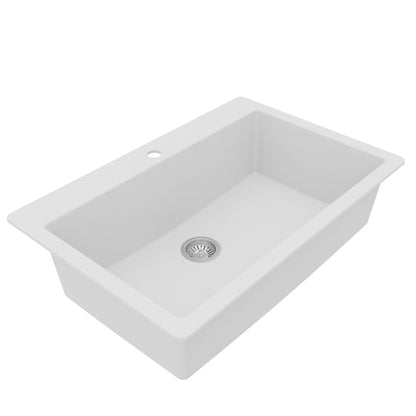 33" Top Mount Large Single Bowl Quartz Composite Kitchen Sink Kit In White