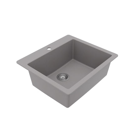 25" Top Mount Single Bowl Quartz Composite Kitchen Sink Kit In Grey