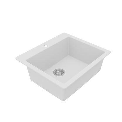 25" Top Mount Single Bowl Quartz Composite Kitchen Sink Kit In White