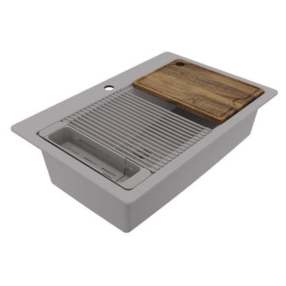33" Top Mount Single Bowl Quartz Kitchen Sink Kit In Grey