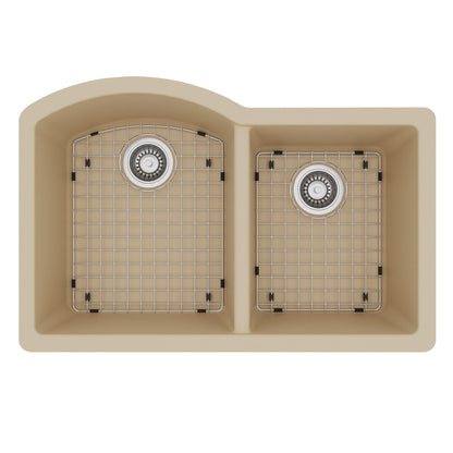 32-1/4" Undermount Double Offset Bowl Quartz Composite Kitchen Sink Kit In Bisque