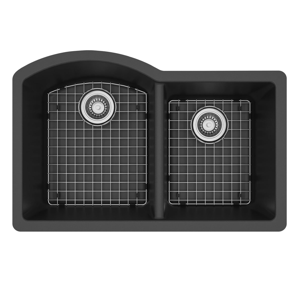 32-1/4" Undermount Double Offset Bowl Quartz Composite Kitchen Sink Kit In Black