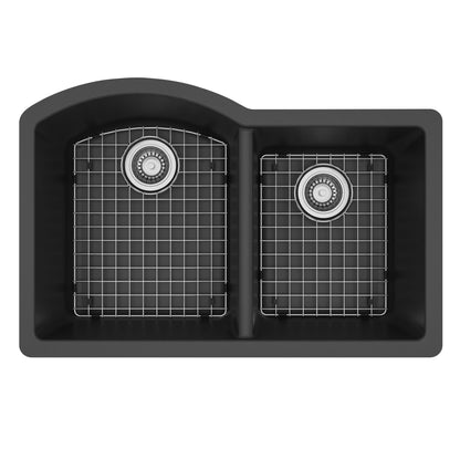 32-1/4" Undermount Double Offset Bowl Quartz Composite Kitchen Sink Kit In Black