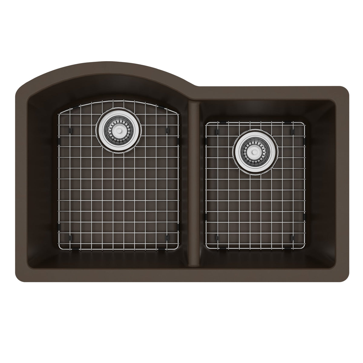32-1/4" Undermount Double Offset Bowl Quartz Composite Kitchen Sink Kit In Brown