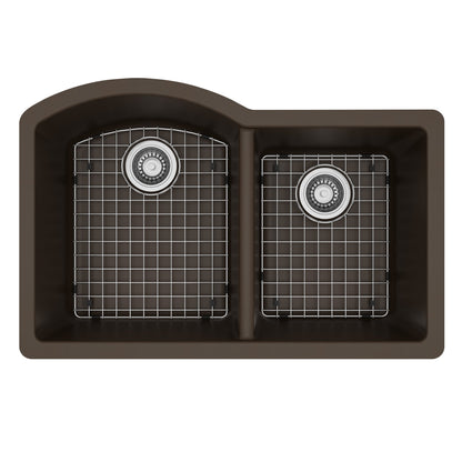 32-1/4" Undermount Double Offset Bowl Quartz Composite Kitchen Sink Kit In Brown
