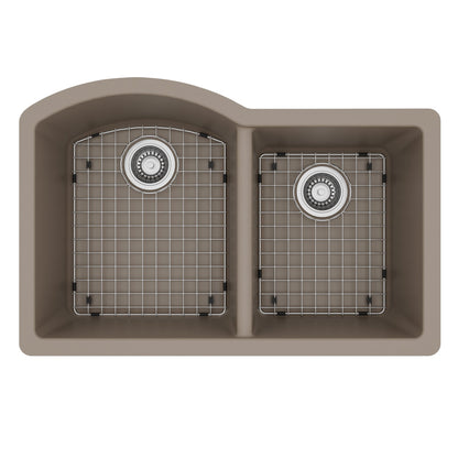 32-1/4" Undermount Double Offset Bowl Quartz Composite Kitchen Sink Kit In Concrete