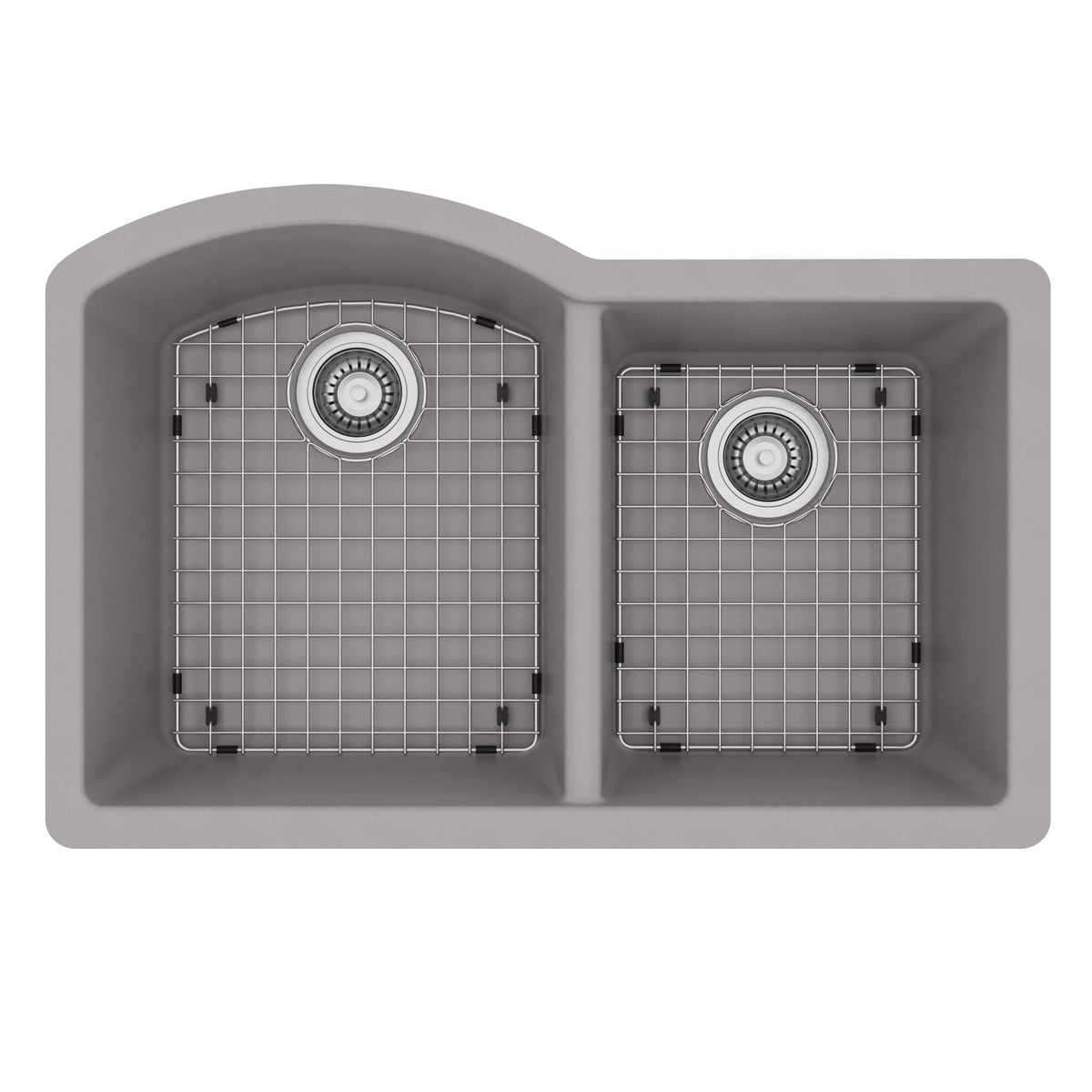 32-1/4" Undermount Double Offset Bowl Quartz Composite Kitchen Sink Kit In Grey