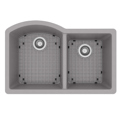 32-1/4" Undermount Double Offset Bowl Quartz Composite Kitchen Sink Kit In Grey