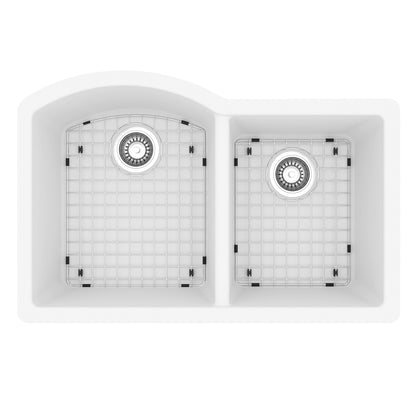 32-1/4" Undermount Double Offset Bowl Quartz Composite Kitchen Sink Kit In White