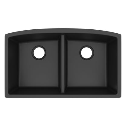 32-1/2" Undermount Double Equal Bowl Quartz Composite Kitchen Sink In Black