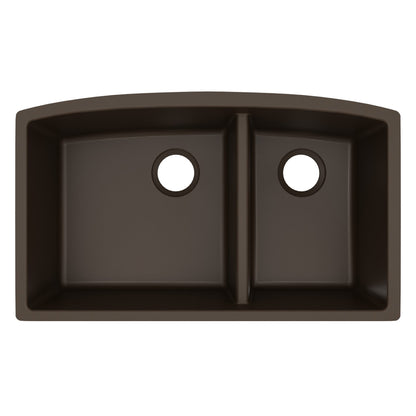 32-1/2" Undermount Double Offset Bowl Quartz Composite Kitchen Sink In Brown