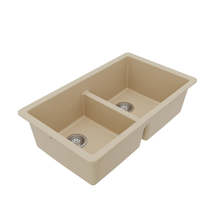 32-3/8" Undermount Double Equal Bowl Quartz Composite Kitchen Sink Kit In Bisque