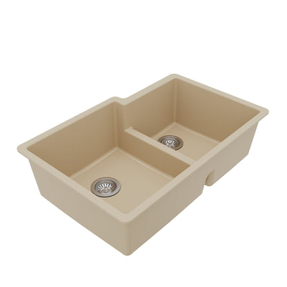 32" Undermount Double Offset Bowl Quartz Composite Kitchen Sink Kit In Bisque
