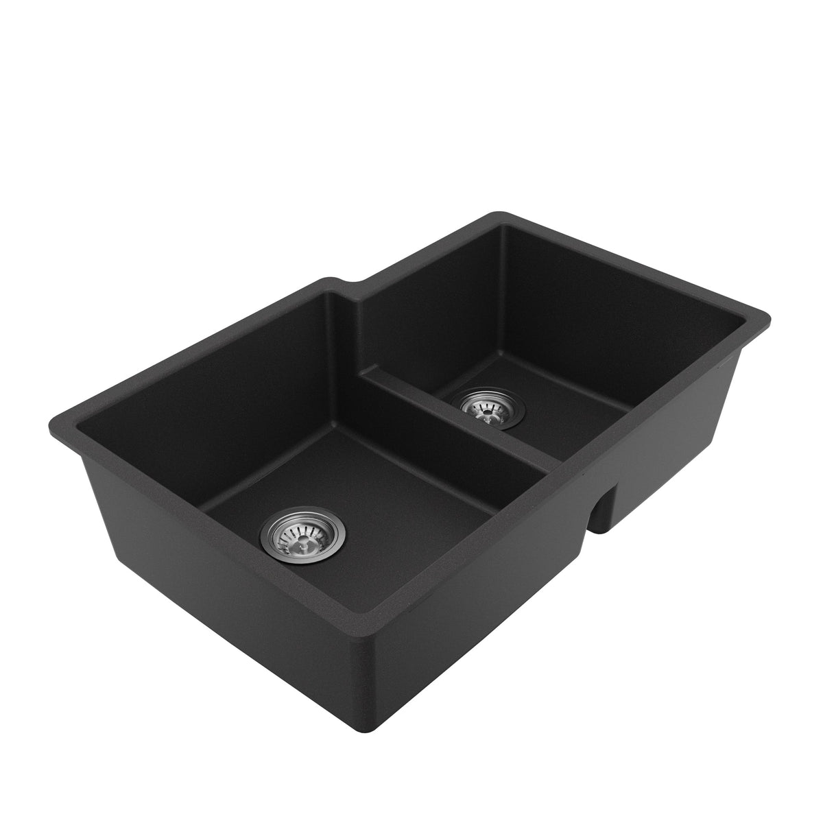 32" Undermount Double Offset Bowl Quartz Composite Kitchen Sink Kit In Black