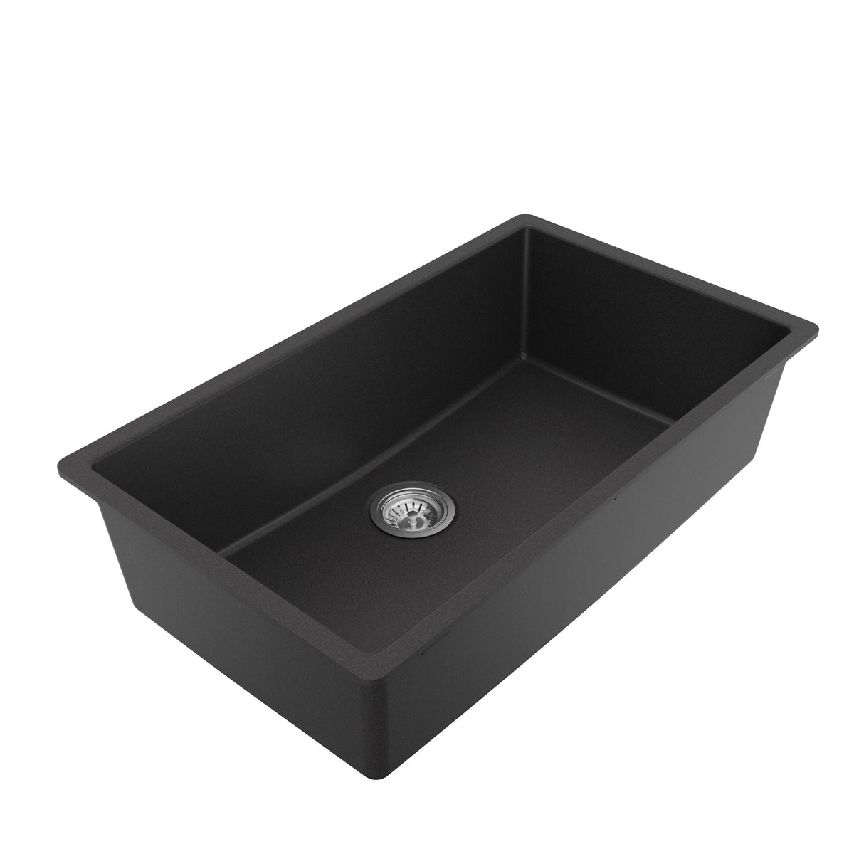 32-3/8" Undermount Large Single Bowl Quartz Composite Kitchen Sink Kit In Black