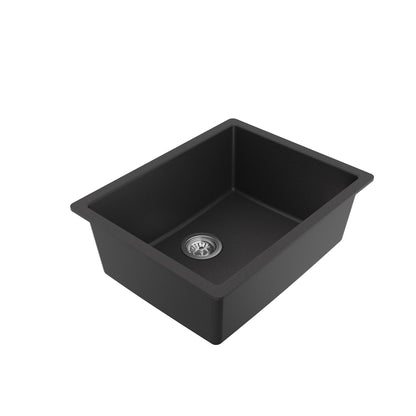 24-3/8" Undermount Single Bowl Quartz Composite Kitchen Sink Kit In Black