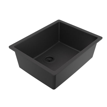 24-3/8" Undermount Single Bowl Quartz Composite Kitchen Sink In Black