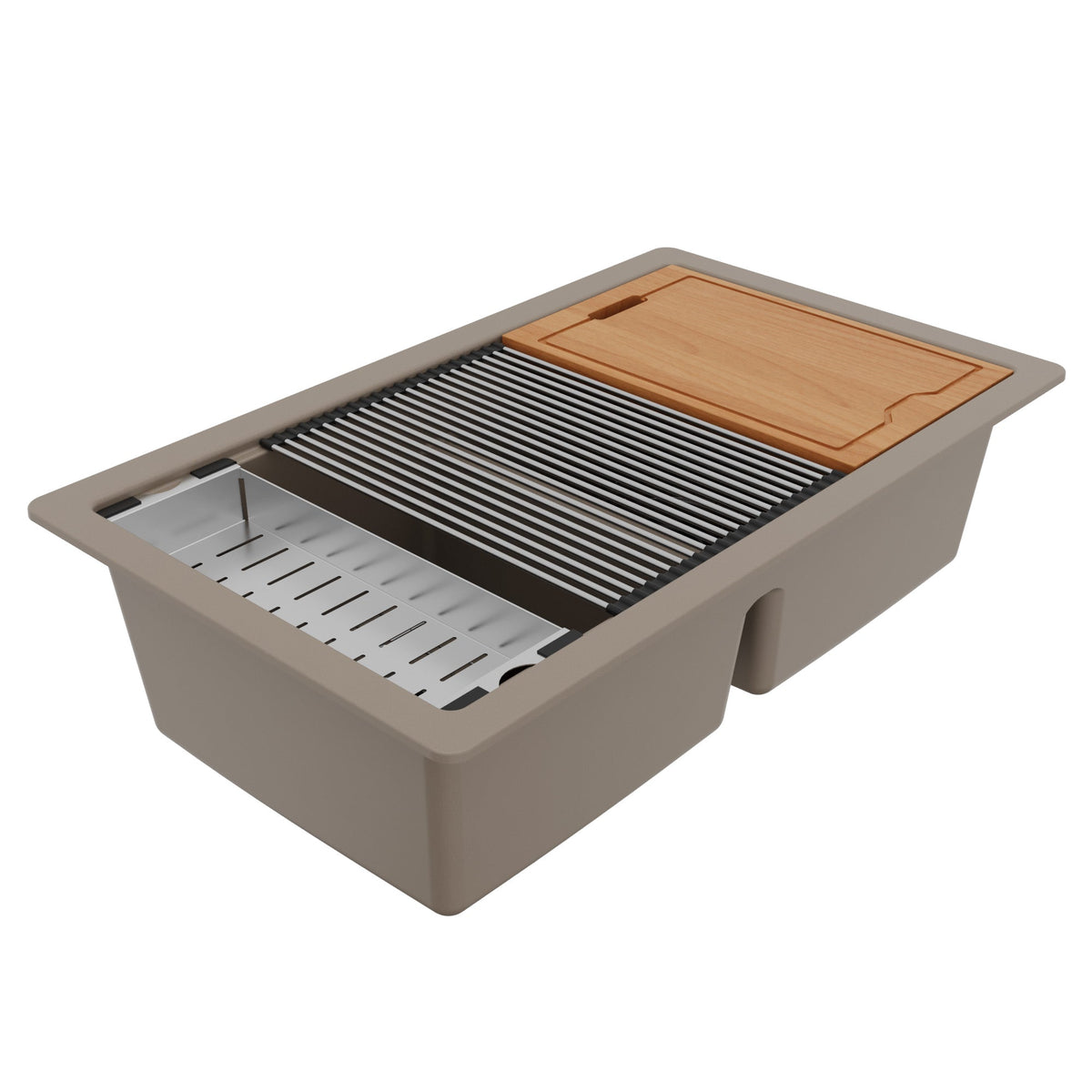 32-1/2" Undermount Double Equal Bowl Quartz Composite Workstation Kitchen Sink In Concrete