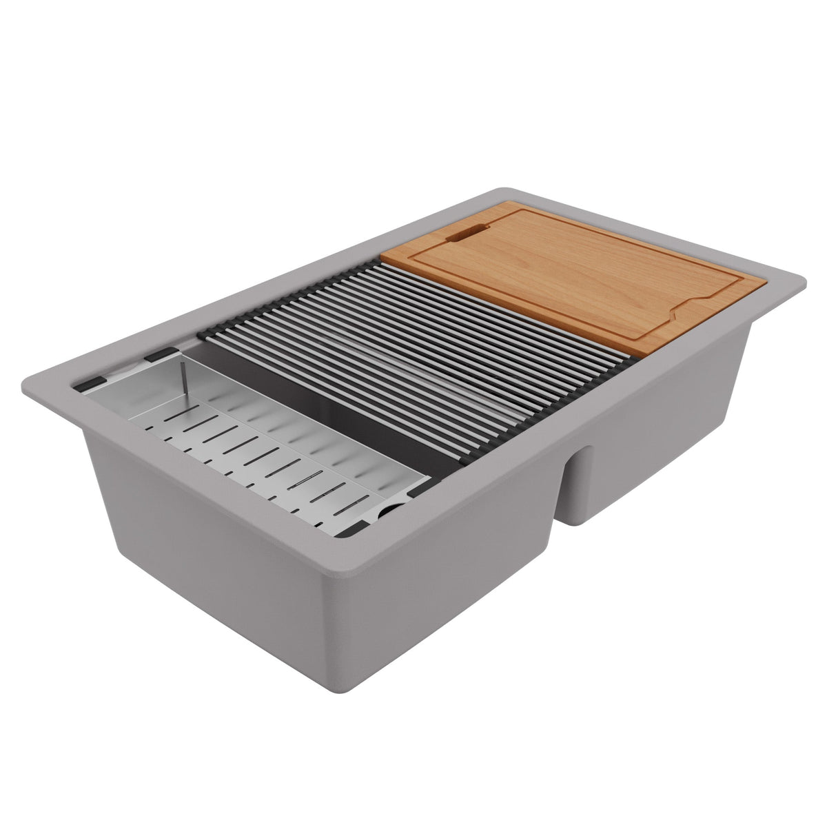 32-1/2" Undermount Double Equal Bowl Quartz Composite Workstation Kitchen Sink In Grey